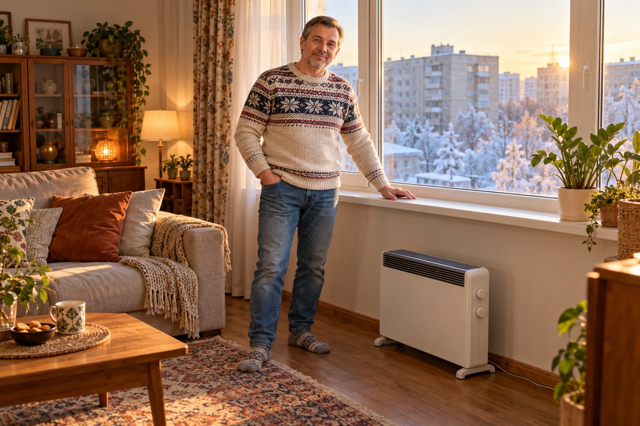 Житель у обогревателя в зимней комнате