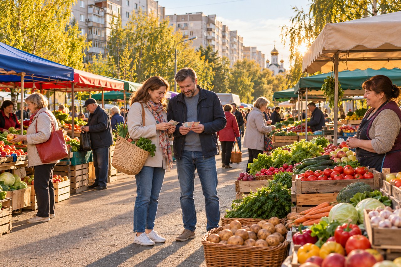 Покупатели считают наличные у рынка