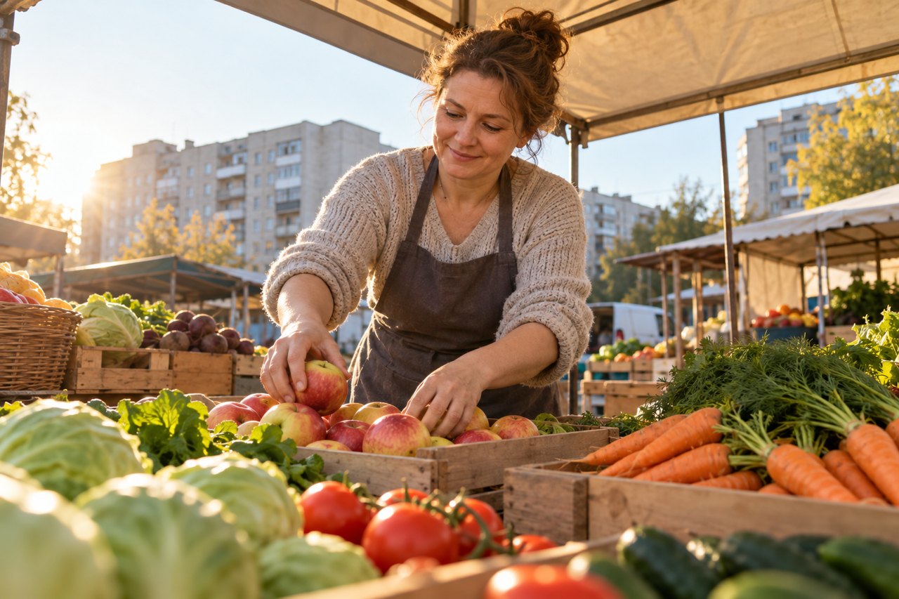 Продавщица раскладывает овощи на рынке