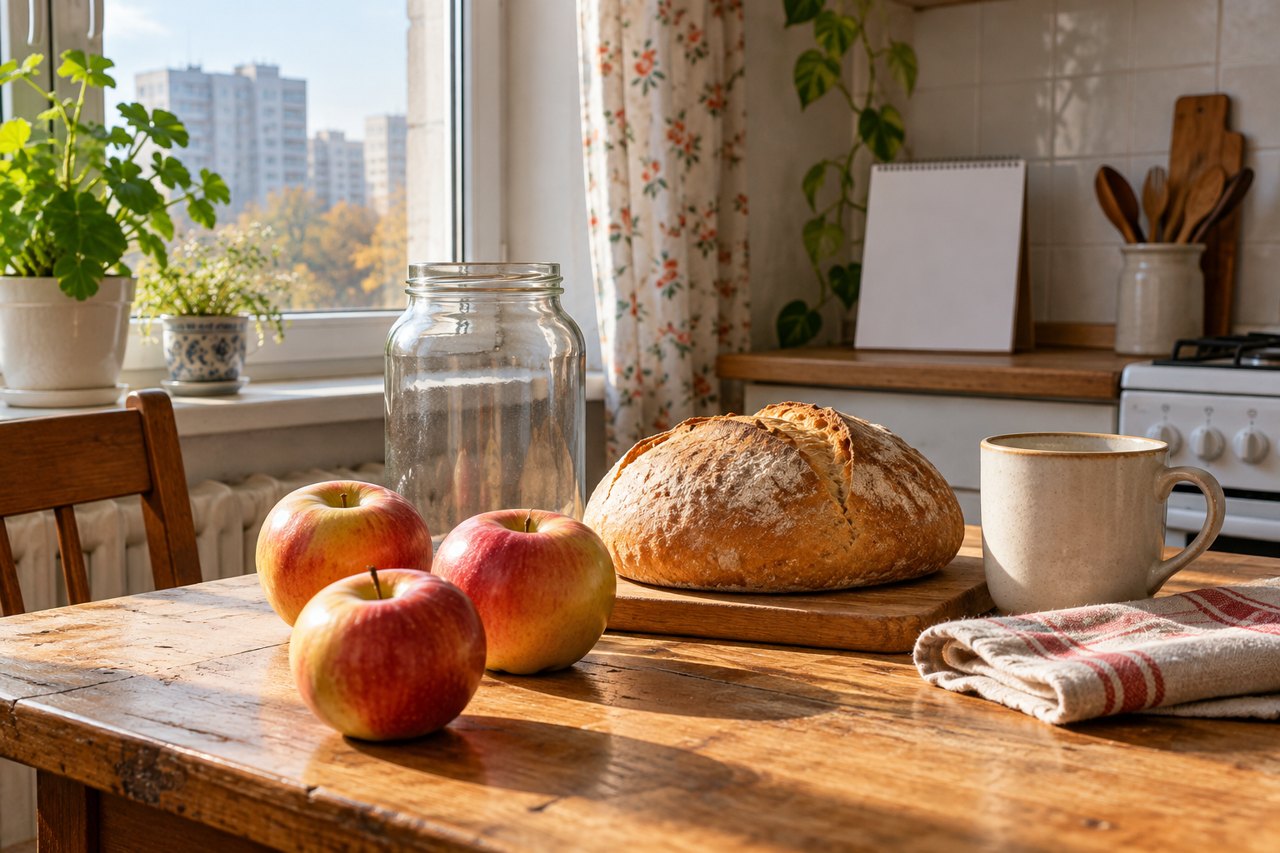 Продукты и календарь на кухонном столе