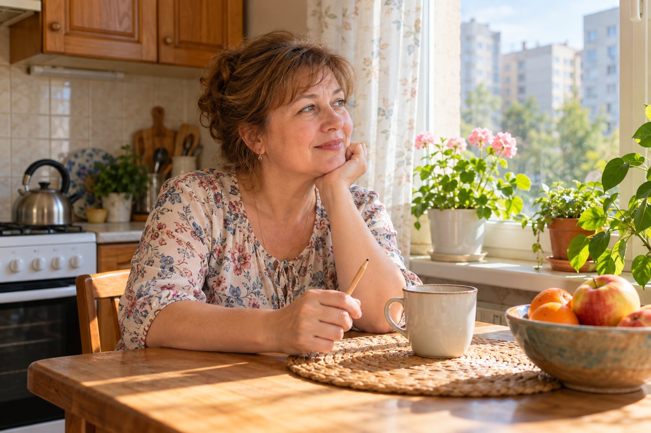 Женщина задумалась за кухонным столом