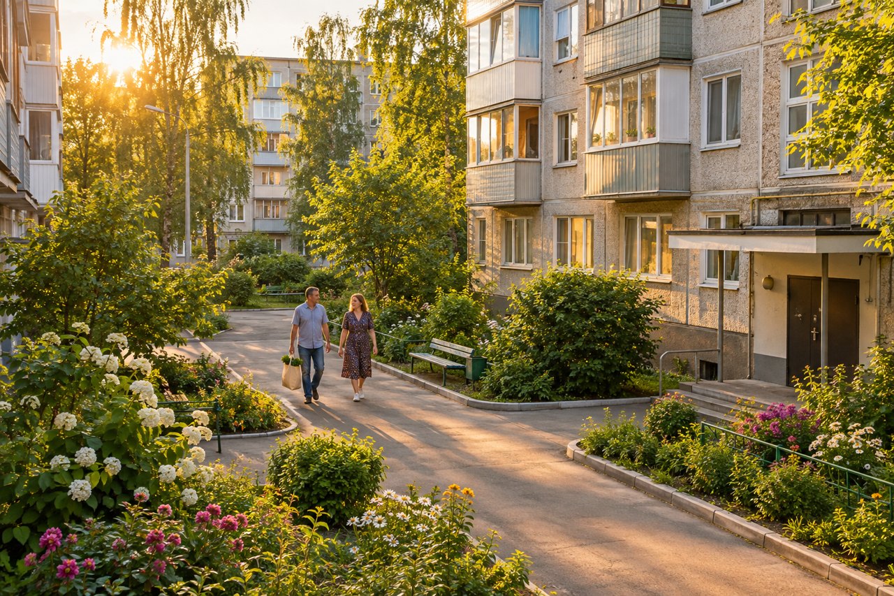 Соседи идут через солнечный двор