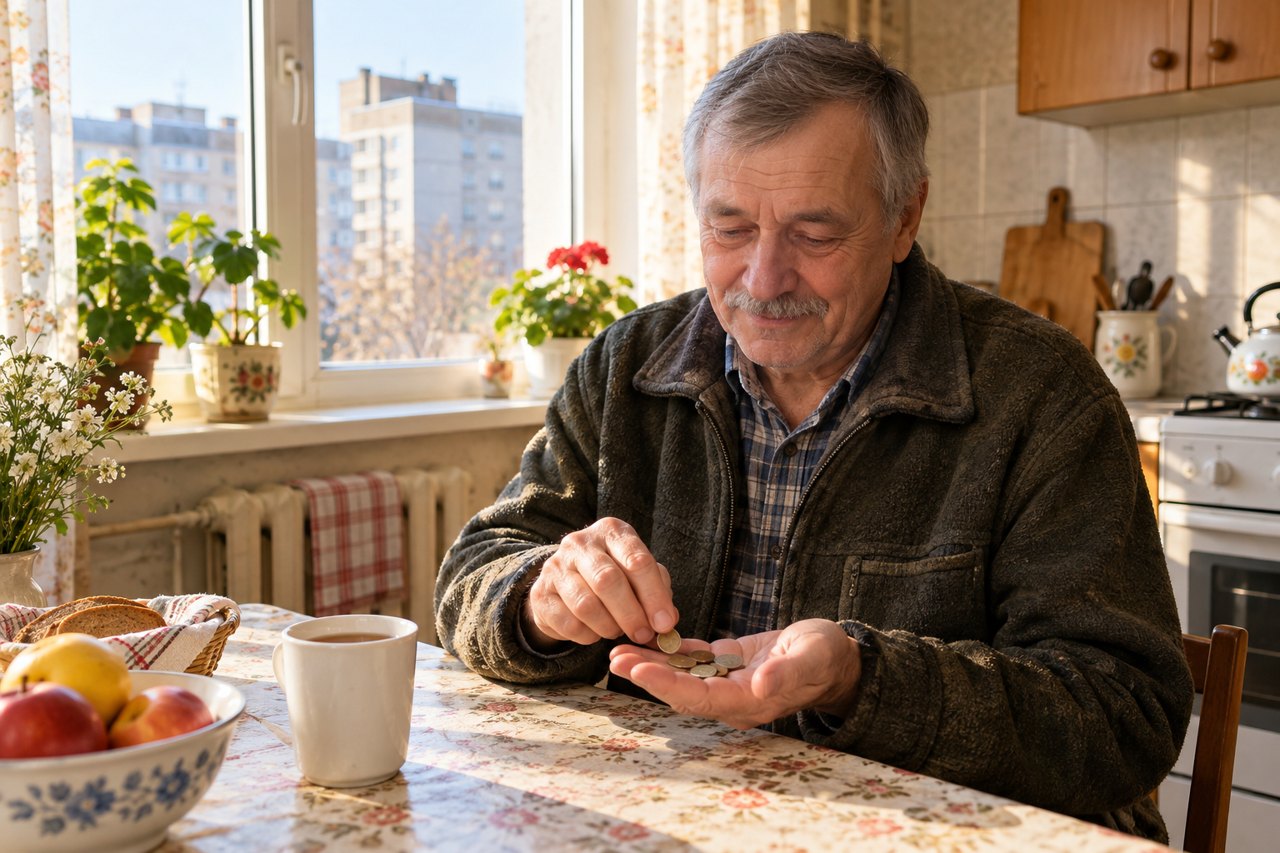 Пенсионер пересчитывает мелочь на кухне